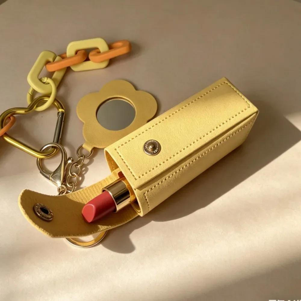 porte-clés étui à rouge à lèvres en dentelle avec pompon, breloque de sac en pu jaune avec miroir fleur, accessoire esthétique pour sac à dos femme