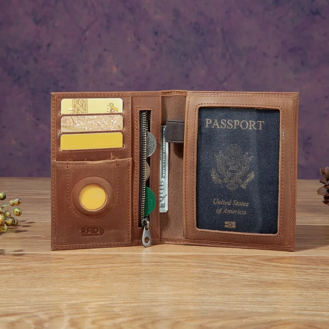 porte-passeport vintage en cuir véritable, portefeuille de voyage anti-rfid avec emplacement pour airtag et poche zippée, étui de passeport pour homme