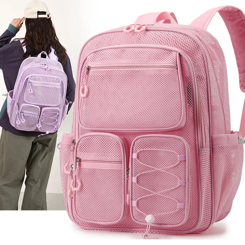 nouveau sac à dos de sport et de plage tendance en maille transparente grande capacité pour l'été, sac à dos double épaule pour collégiens et lycéens