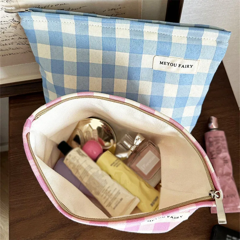 nouvelle trousse de toilette rose et bleue à carreaux, souple, pliable, grande capacité, sac cosmétique à motif écossais, pochette de rangement de maquillage de voyage, portable avec fermeture éclair