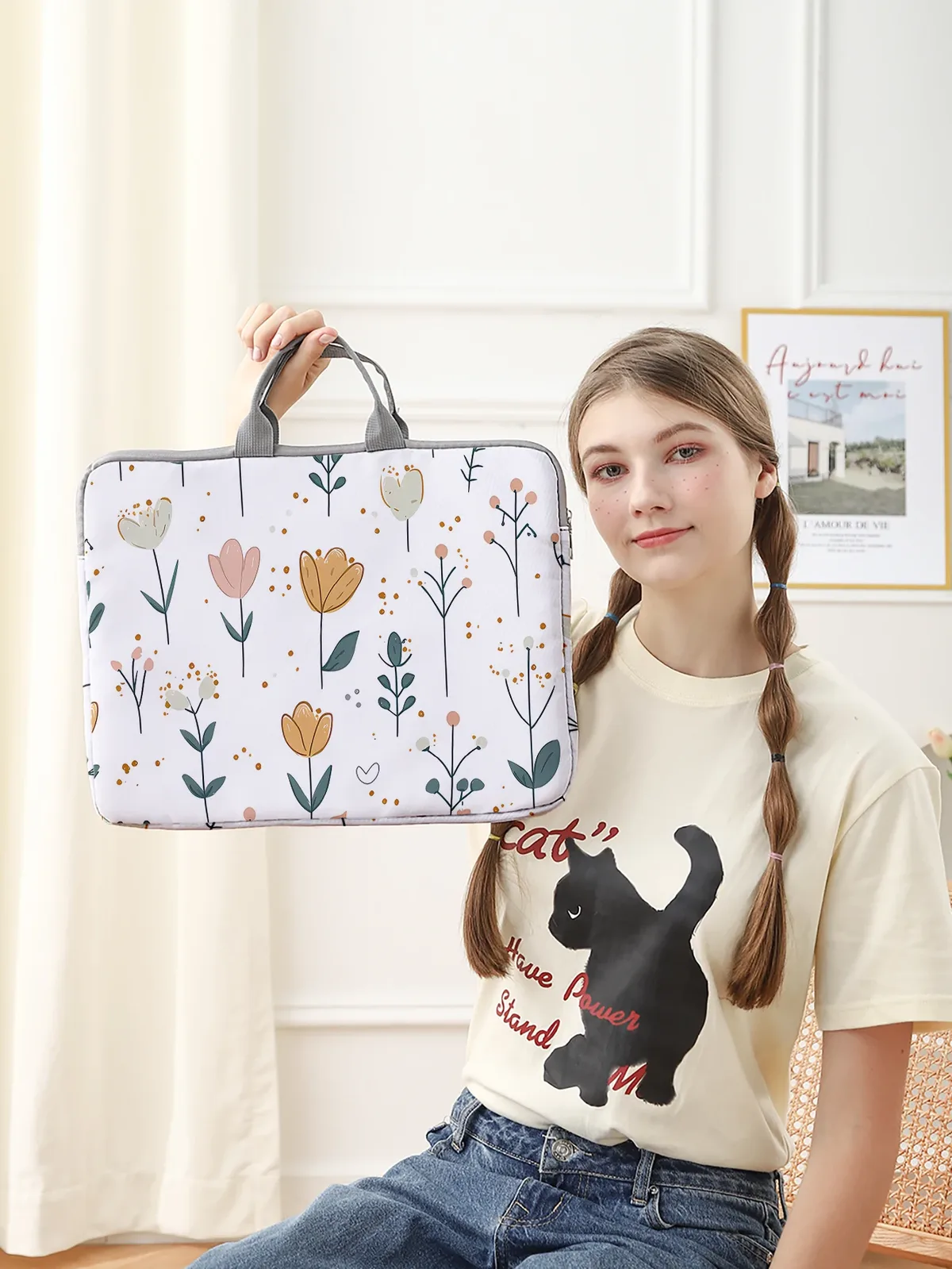 Un ensemble, deux styles, housse pour ordinateur portable imprimée de motifs floraux minimalistes et colorés, sacoche, adaptée aux ordinateurs portables de 14 pouces