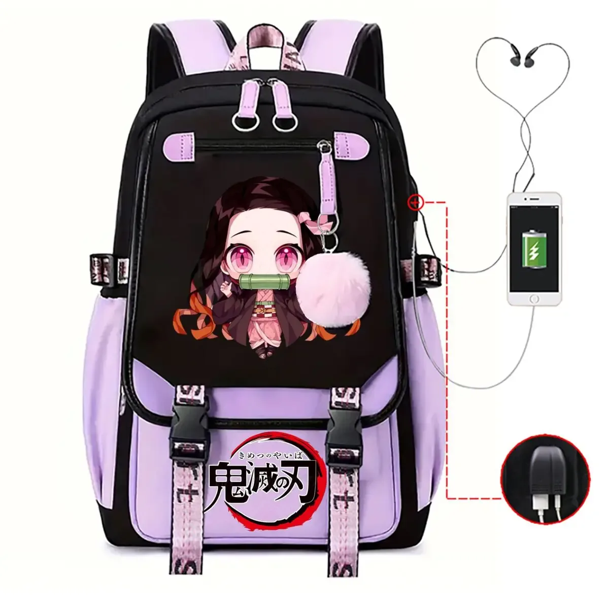 anime kamado nezuko imprimer sacs à dos femmes filles usb sacs de charge grande capacité enfants adolescent cartables voyage sacs à dos