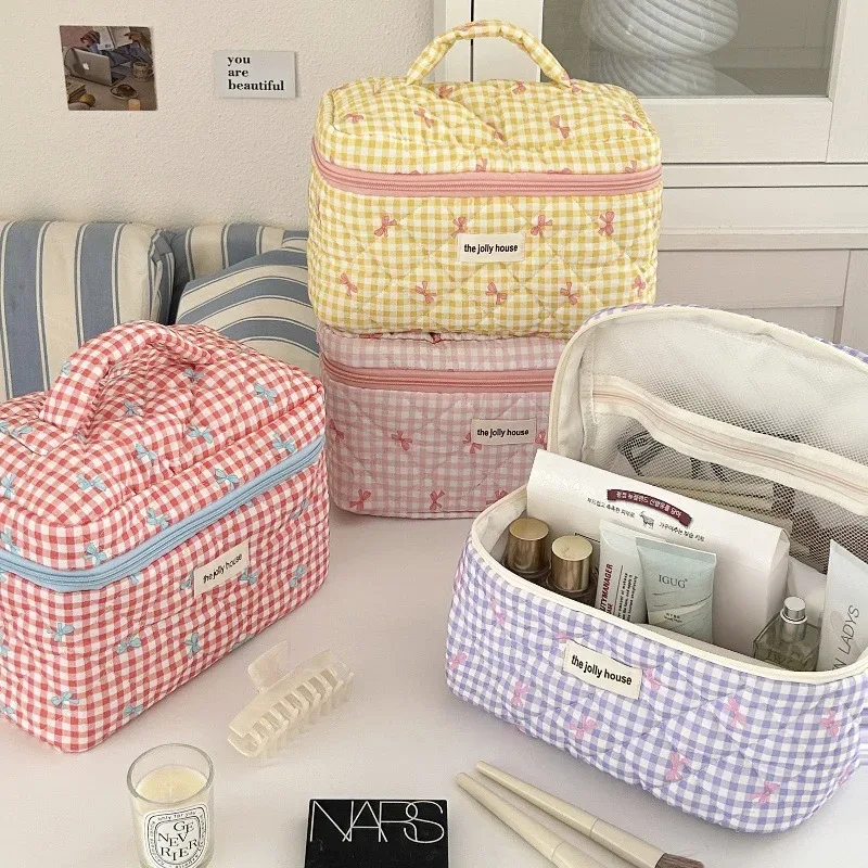 trousse de maquillage matelassée à carreaux avec nœud, grande capacité, pour pinceaux et soins de la peau, sac de voyage cosmétique