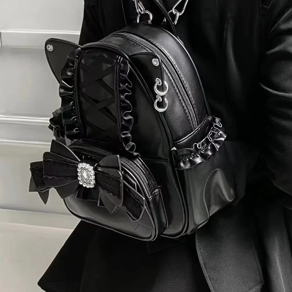 mode coréenne y2k punk sac à dos dentelle arc chat oreille lotus dentelle décoration lolita sac à dos en cuir pu grande capacité femmes sac à dos