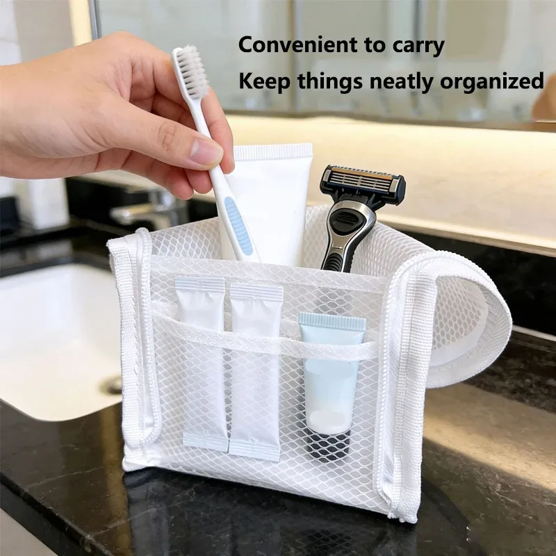 sac de rangement portable pour articles de toilette pour les voyages et les déplacements professionnels - trousse de toilette avec couvercle en maille pour sac à maquillage vertical