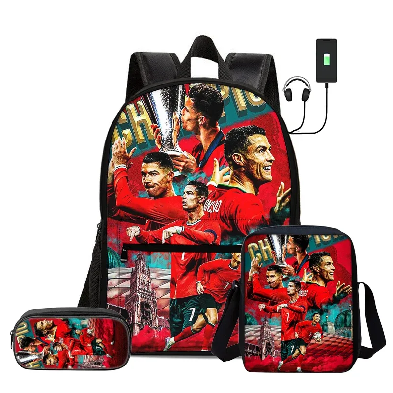 ensemble de 3 sacs à dos avec sac à bandoulière, trousse scolaire pour enfant, sac à dos ronaldo avec interface usb, sac à dos pour enfants
