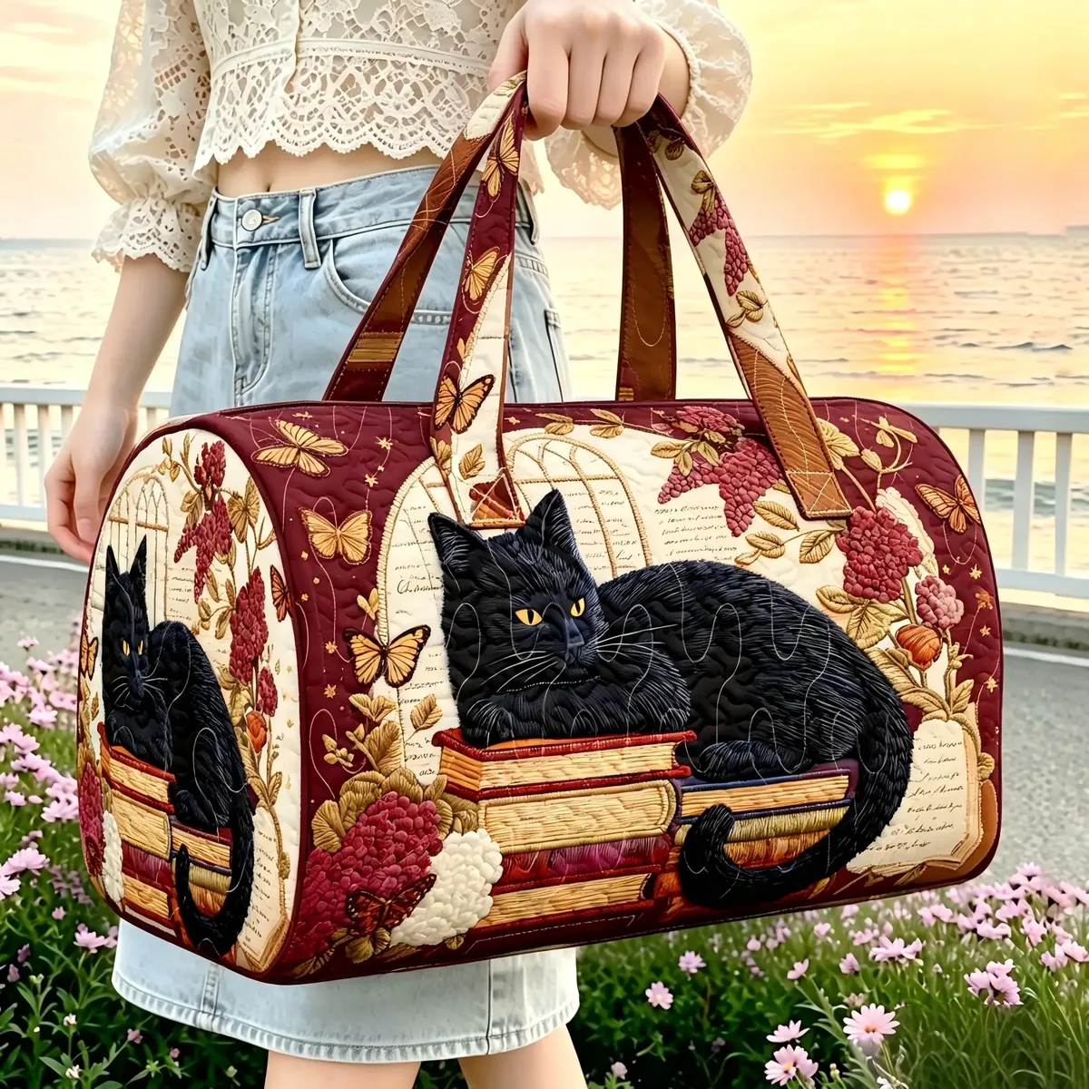 sac de voyage pour femme, grande capacité, motif chat noir, livre, hortensia, ciel étoilé, sac à main de week-end, sac de voyage de loisirs à motif papillon et fleur.