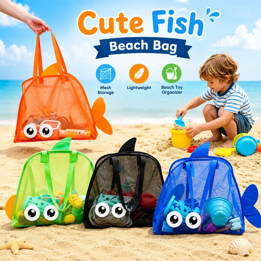 Sac de plage en maille à motif de dessin animé, grande capacité, pliable, sac de rangement pour jouets de sable, sac de piscine léger pour la plage, les voyages et le camping
