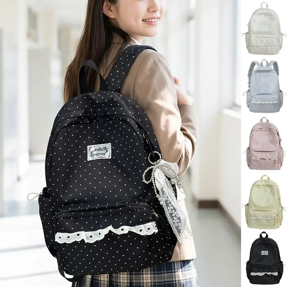 sac à dos y2k à pois, style minimaliste, grande capacité, avec bordure en dentelle, design à nœud, durable, idéal pour les étudiants, l'école et les voyages.