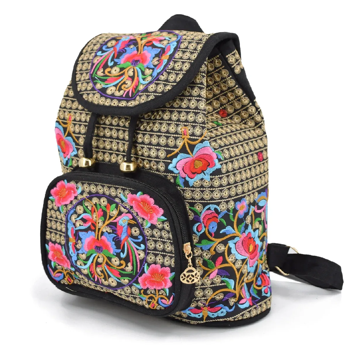 sac à dos vintage en toile brodée florale, sac à dos ethnique décontracté pour filles avec plusieurs poches, cartable à rabat, sac de voyage pour dames