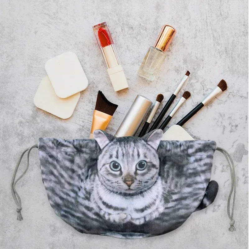 sac de rangement cosmétique en forme de chat, pochette de rangement de maquillage/soin de la peau de taille de voyage mignonne avec fermeture à cordon, sac cadeau pour les amoureux des chats