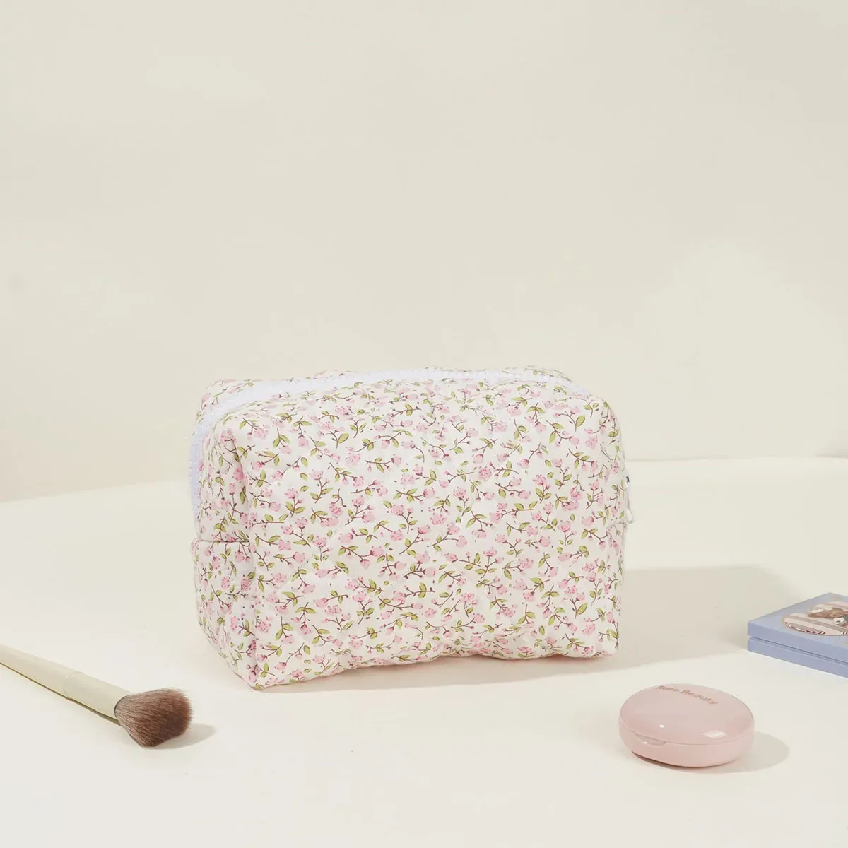 pochette de maquillage florale matelassée douce, pochette de voyage en coton portable, trousse de toilette à fermeture éclair, organiseur de rangement pour femmes