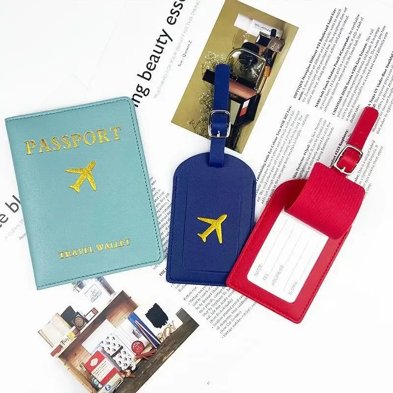lot de 2 : housse de passeport en pu et étiquette de bagage d'identification pour valise, porte-nom, adresse et passeport