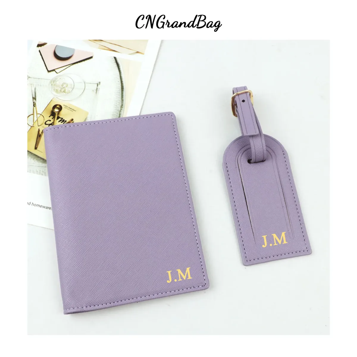 saffiano-couverture de passeport en cuir pu avec nom personnalisé, étiquettes à bagages, porte-passeport, étiquette de valise de voyage, accessoires d'embarquement