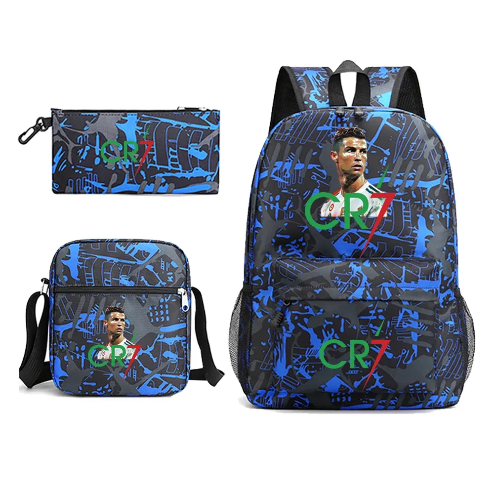 sac à dos en toile cr7 pour étudiants, sac de voyage, sac d'école, garçons, filles, adolescents, ordinateur portable, fermeture éclair, 3 pièces