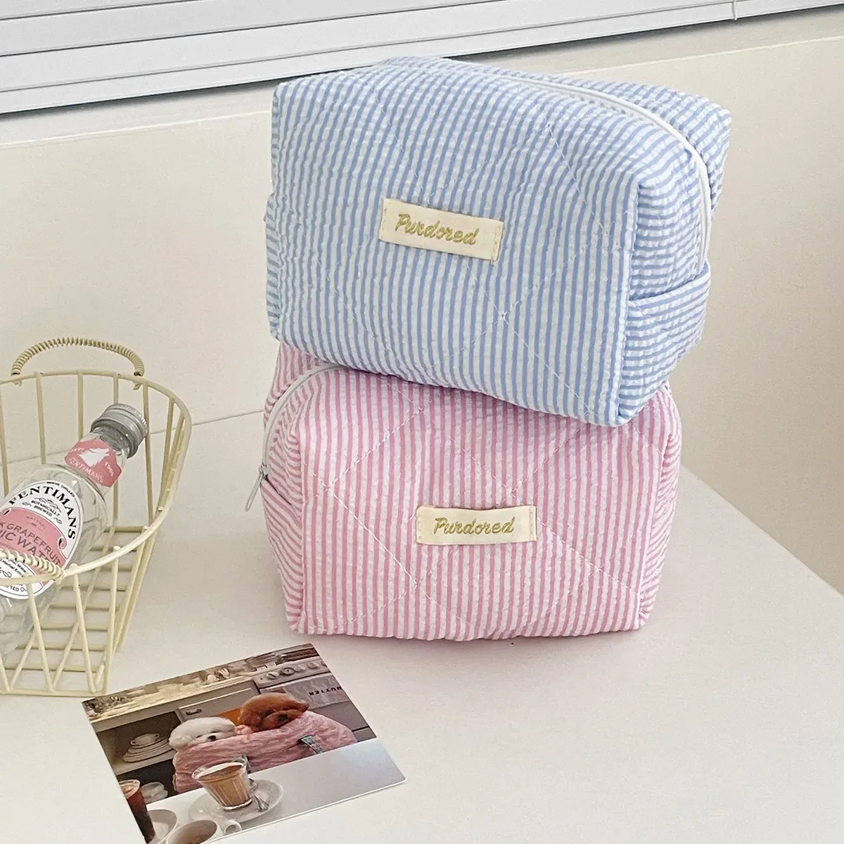 sacs de rangement pour documents à rayures pour femmes, sac à cosmétiques décontracté pour femmes, haute capacité, trousse à crayons mignonne, sacs à main de maquillage pour femmes, bonbons