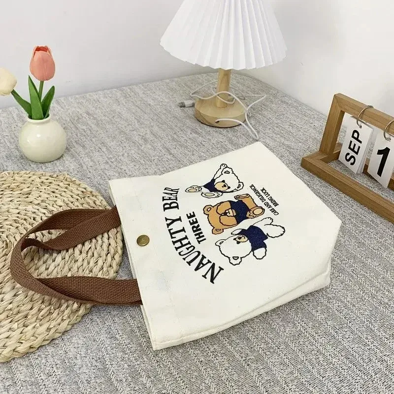sac fourre-tout mini en toile motif ours mignon, sac à déjeuner esthétique kawaii pour femmes et filles, sac à main scolaire réutilisable pour étudiantes, cadeau