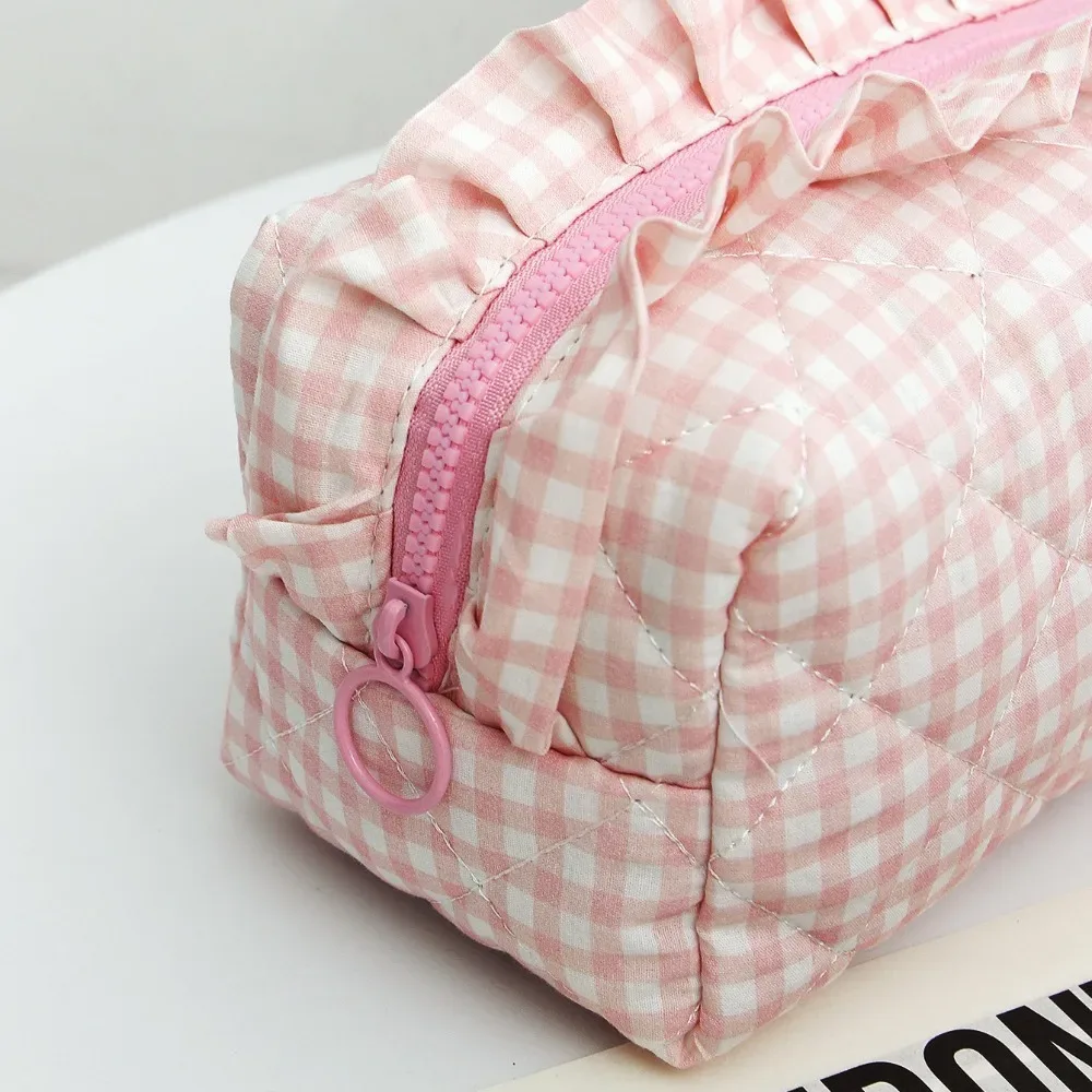 trousse de maquillage portable, design matelassé, motif à carreaux, sac de rangement pour pinceaux de maquillage, multifonctionnel avec fermeture éclair, trousse de toilette de voyage