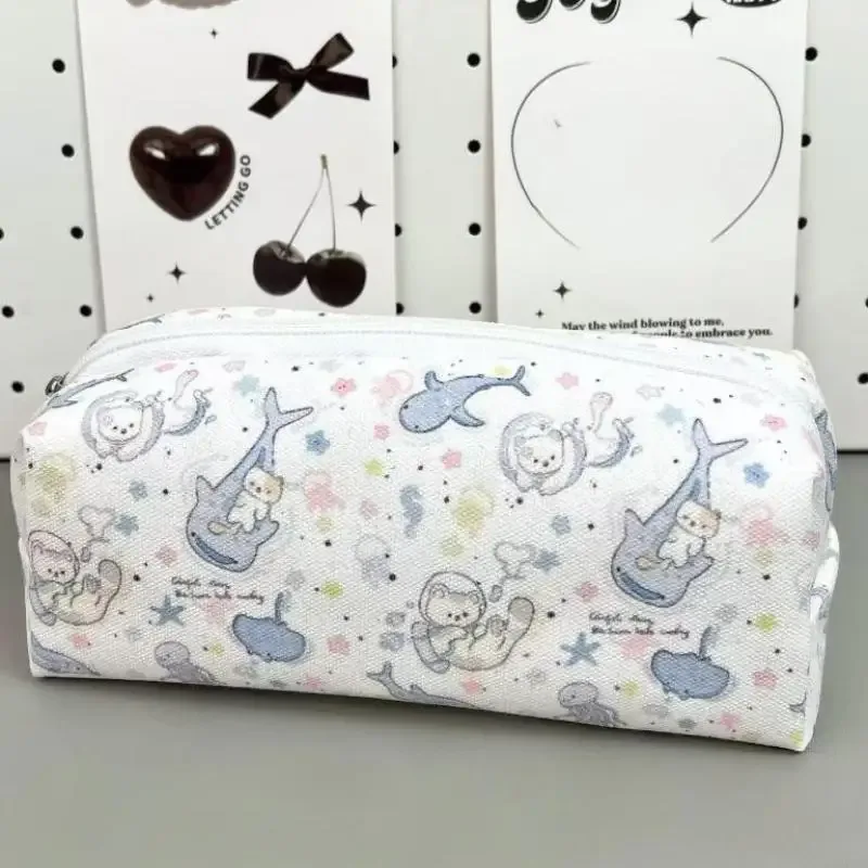 sacs de maquillage imprimés chat pomme vert mignon, 1 pièce, sac à crayons chaton de dessin animé, sac de rangement de papeterie de grande capacité