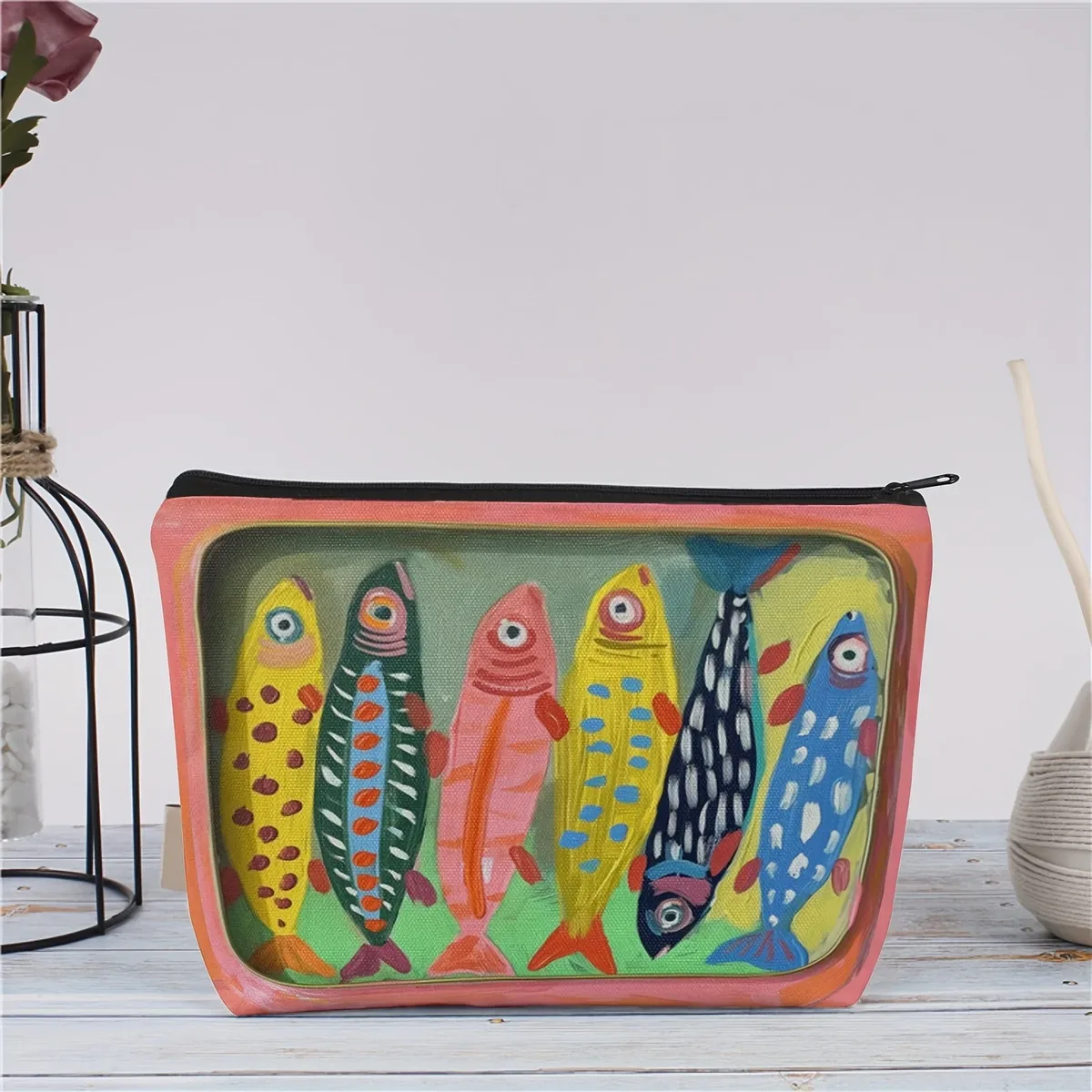 sac cosmétique durable à motif de poisson rayé coloré | pochette de maquillage et porte-monnaie multifonctionnels à fermeture éclair