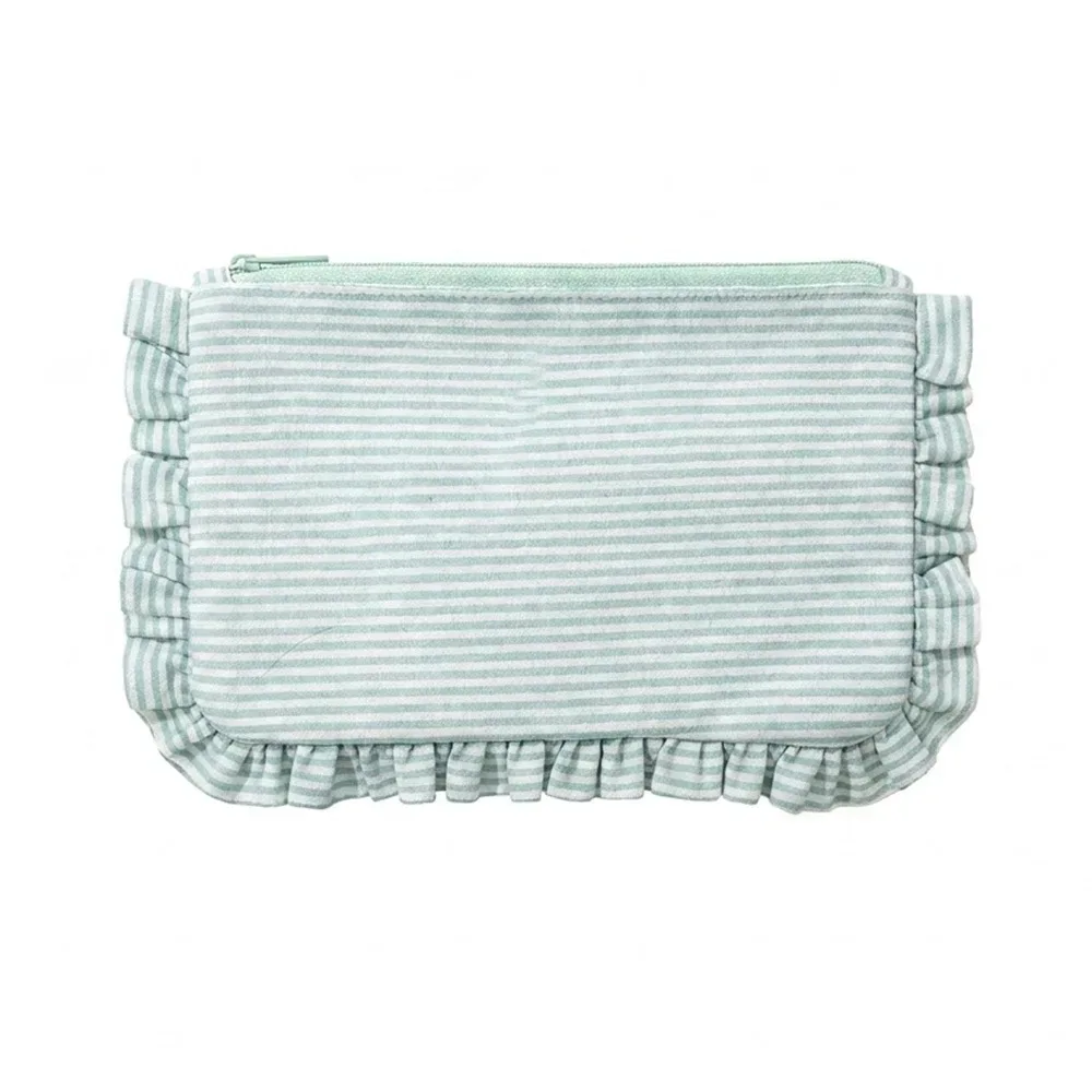 sac de maquillage à rayures à volants durable, grande capacité, pochette cosmétique portable, trousse de toilette, cadeau