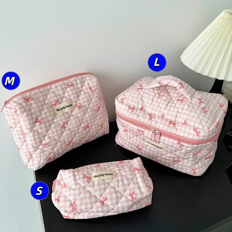 sac de rangement pour cosmétiques en coton matelassé, trousse de toilette de voyage portable, trousse de maquillage à pois vert menthe, grande capacité, style ins