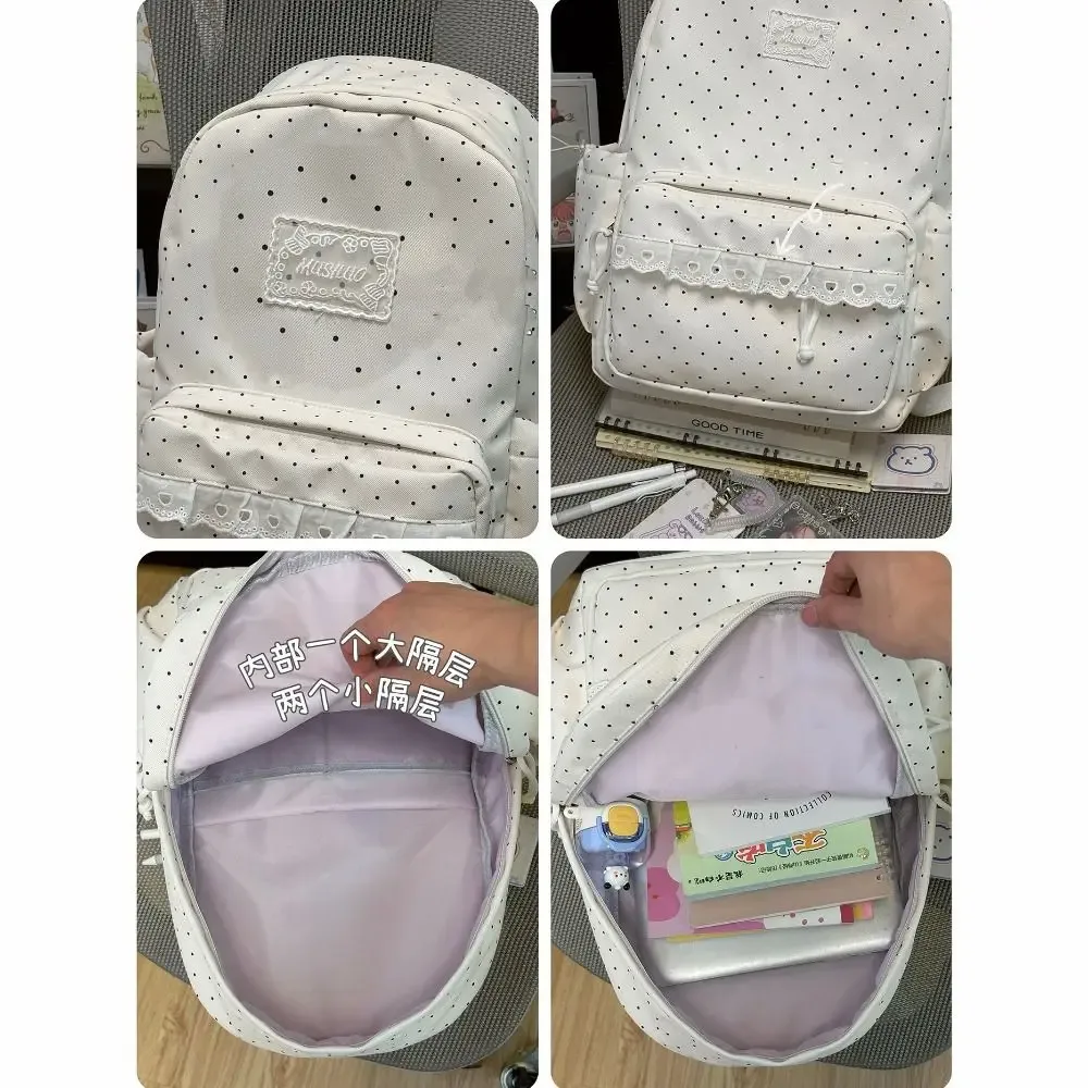 sac à dos y2k à pois, style minimaliste, grande capacité, avec bordure en dentelle, design à nœud, durable, idéal pour les étudiants, l'école et les voyages.