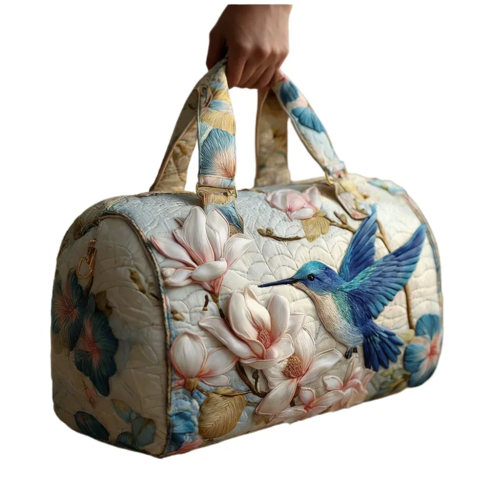 sac de voyage matelassé 3d de luxe pour femmes, imprimé oiseau magnolia, sac à main léger, sac de week-end, sac de voyage pour le travail