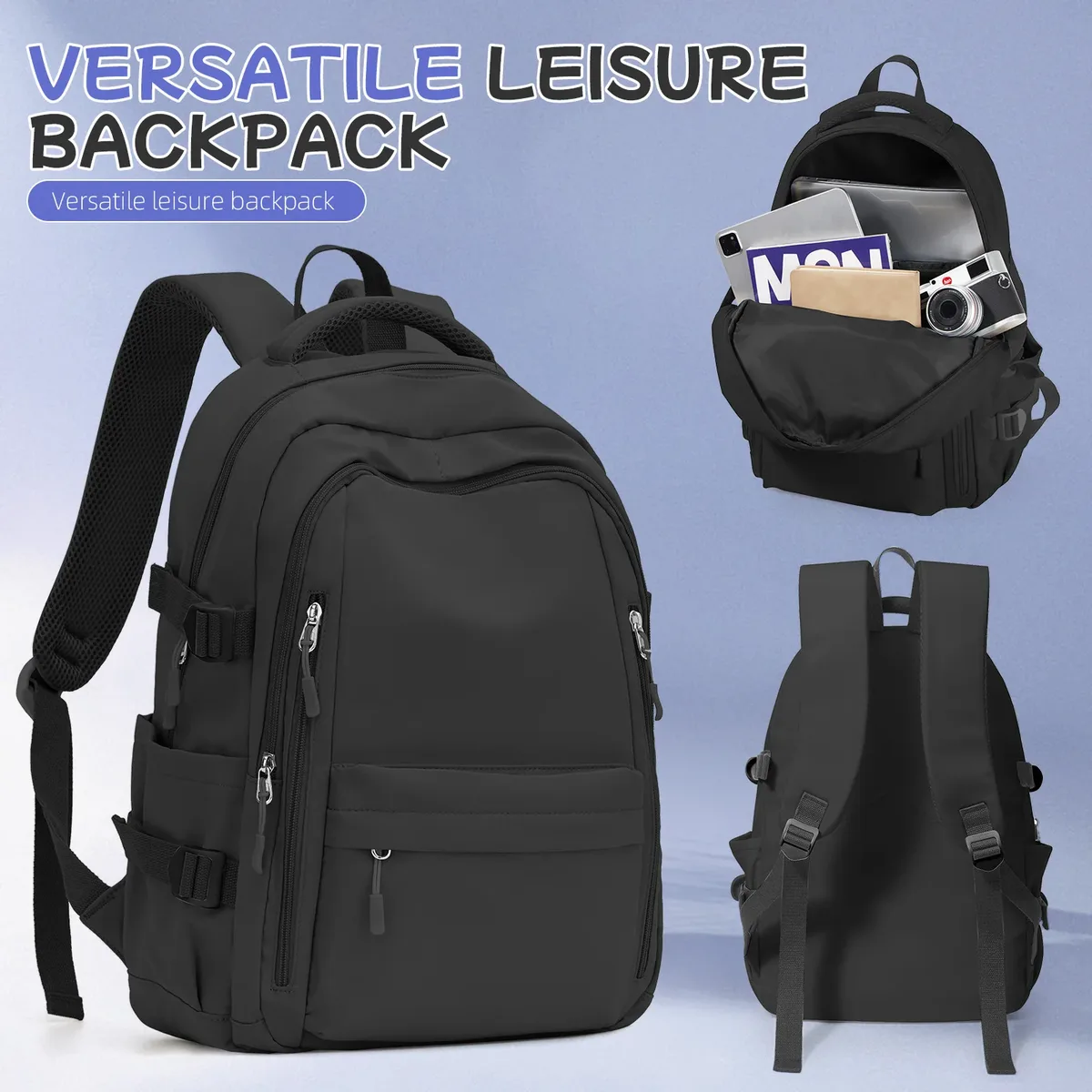 sac à dos de voyage décontracté antivol pour femme, design multi-poches en bleu clair durable pour l'école, le lycée et l'université
