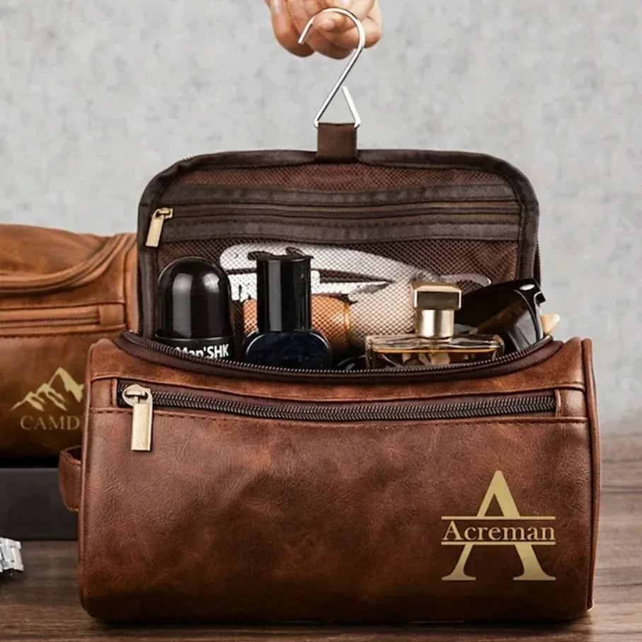 Sac étanche pour hommes avec nom gravé, nom personnalisé, cuir PU durable, multi-usage, idéal pour le rasage, les voyages, les affaires, trousse de maquillage