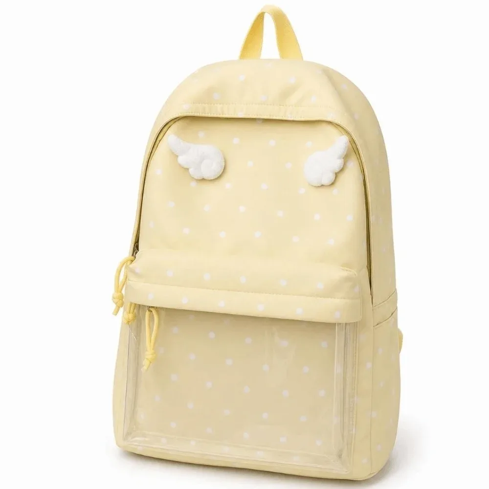 sac à dos à pois de 2 tailles, grande capacité, poche transparente, sac à dos scolaire, motif à pois, sac à dos ailes d'ange pour filles
