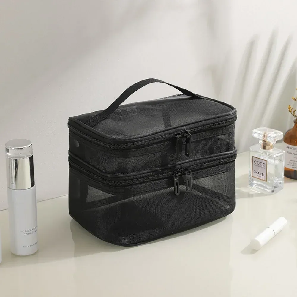 sac de rangement de cosmétiques de voyage à 2 couches, pochette de rangement transparente en maille pliante à fermeture éclair, sac de kit de lavage de maquillage de grande capacité 2025