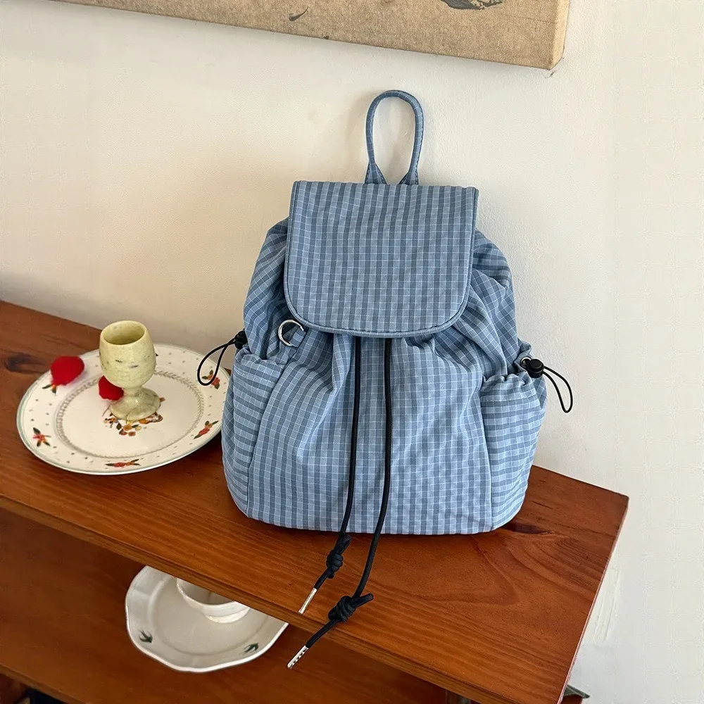 sacs à dos simples de couleur unie avec cordon de serrage, sacs à bandoulière coréens en toile plissée, sacs à dos décontractés légers en nylon à carreaux, unisexe