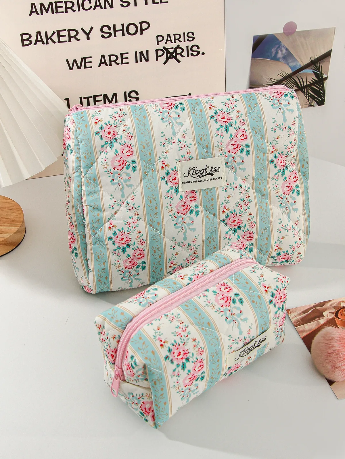 1 pièce/ensemble trousse de maquillage matelassée verte, trousse de maquillage florale ethnique, trousse de maquillage portable multifonctionnelle, trousse de maquillage de voyage