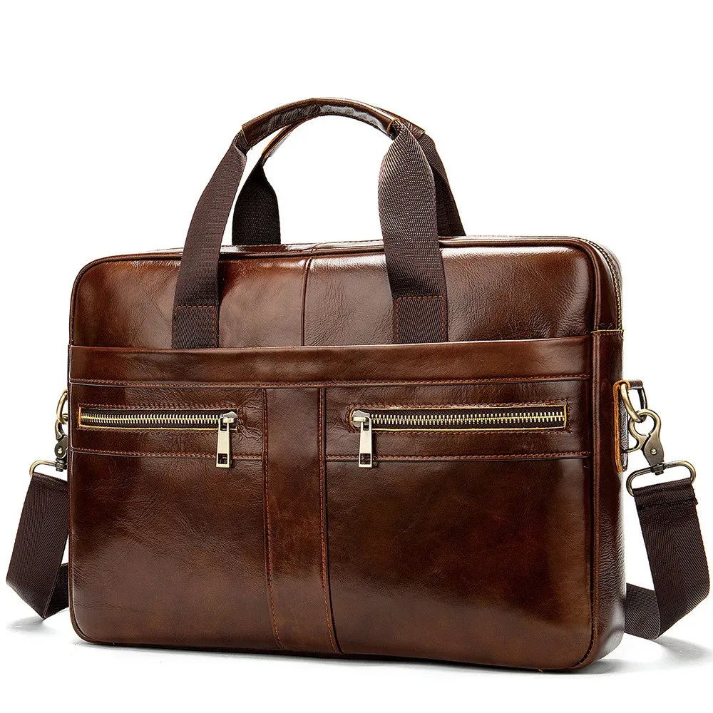 porte-documents en cuir pleine fleur pour homme, sacoche d'ordinateur portable professionnelle avec bandoulière, sac à main grande capacité pour les trajets professionnels