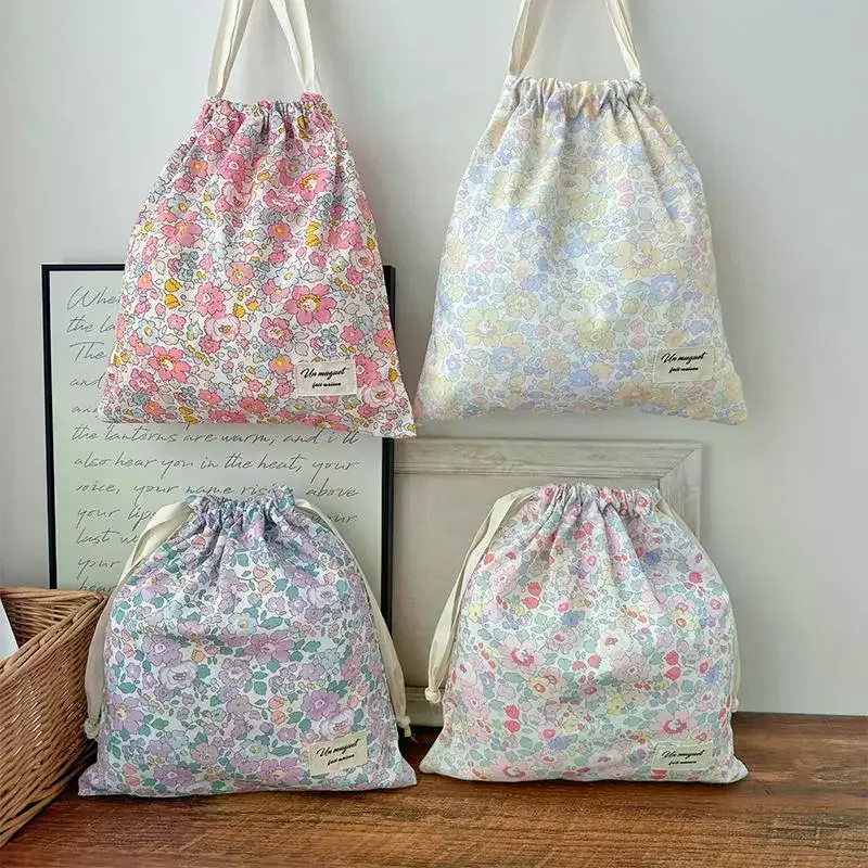 sac à cordon en coton floral fait main style forêt, pochette de rangement vintage pour sous-vêtements, pochett
