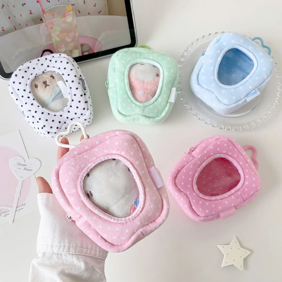 sac de rangement y2k tendance coréenne, couleur unie, à pois, pour poupées, mignon, pour filles, avec bouton cœur pomme, sac de présentation, pendentif décoratif, cadeaux