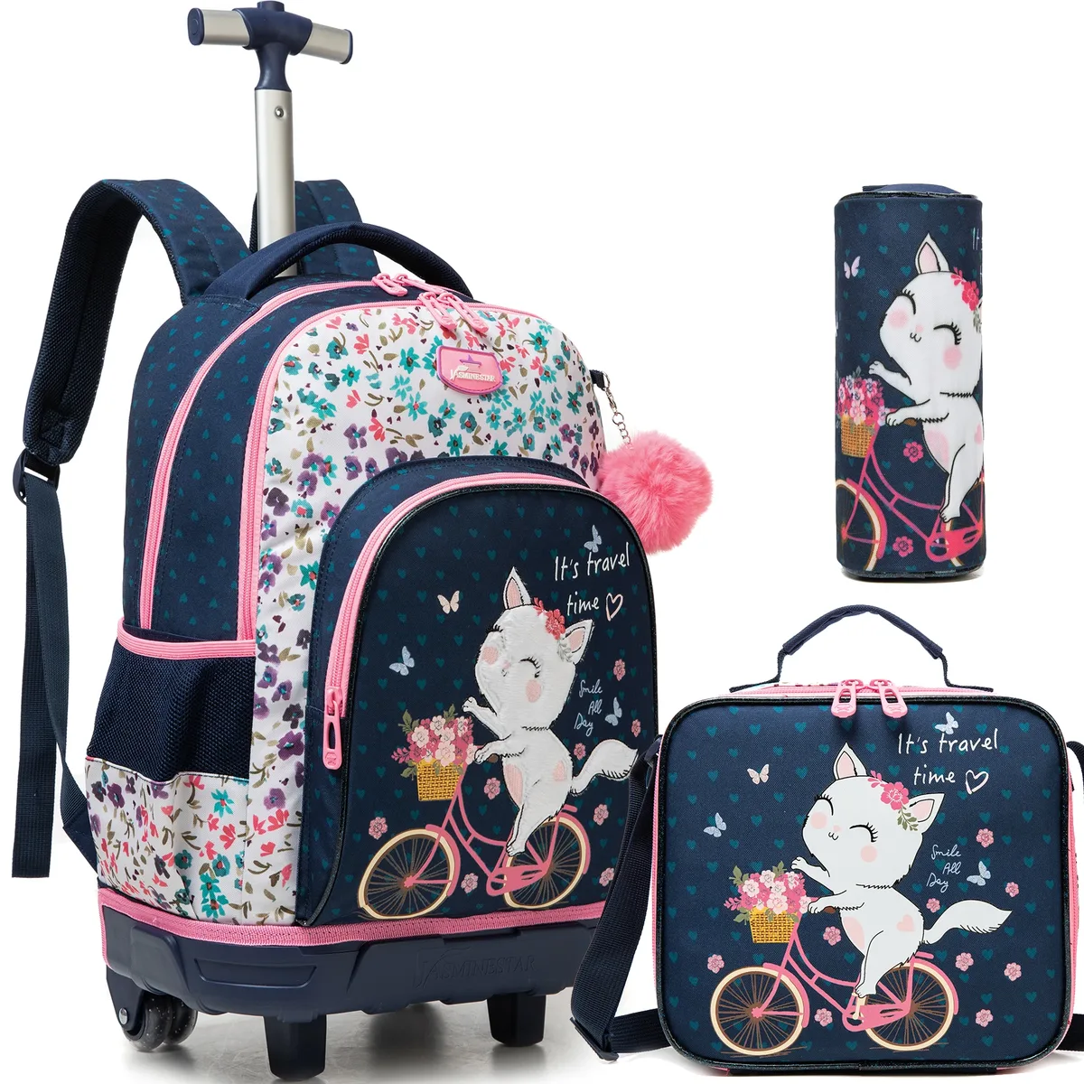 ensemble de 3 sacs à dos roulants élégants pour filles, parfaits pour les filles, avec bagages à roulettes, sac à déjeuner, trousse à crayons pour les voyages scolaires