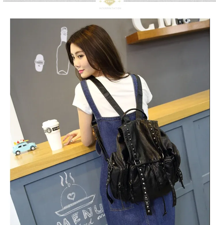2022 new rivet designer backpacks women genuine sheep leather backpacks punk lady girl big travel bags gothic student school bag
