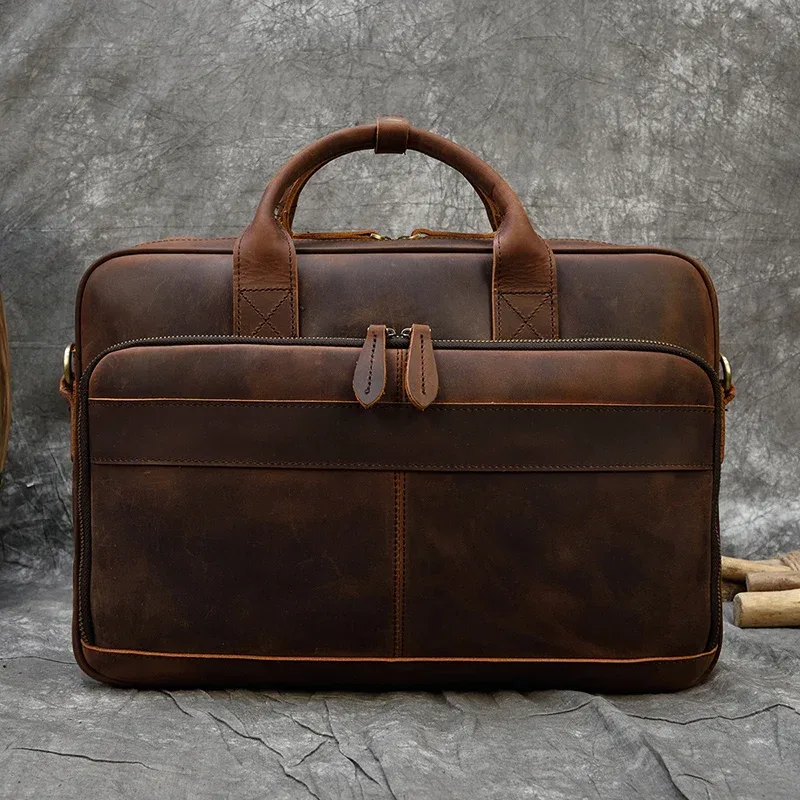porte-documents rétro pour ordinateur portable, sacs à main en cuir véritable, sac d'affaires décontracté de 15.6 pouces, fourre-tout de travail quotidien pour hommes, sac pour documents