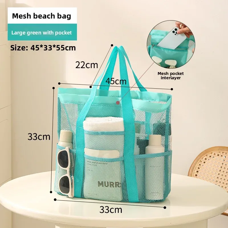 sac de plage en maille grande capacité avec poignées, sac de rangement ajouré pour voyages en bord de mer, serviettes, chaussons et courses