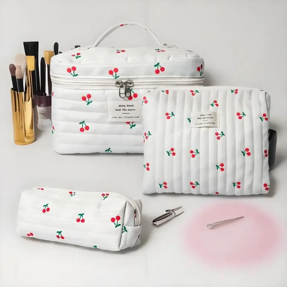 Pochette à maquillage rétro à imprimé cerise, en coton matelassé, grande capacité, sac cosmétique mignon multifonctionnel, trousse de toilette, rangement pour maquillage