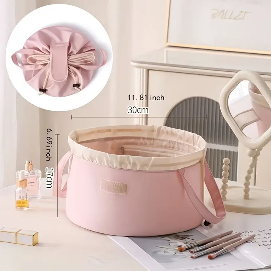 sac de rangement cylindrique de grande capacité pour articles de toilette (avec fermeture à cordon) — sac de rangement portable multi-compartiments, unisexe, adapté pour la salle de sport, les voyages de week-end et l'usage quotidien, peut servir de trousse de toilette, de rangement pour cosmétiques et produits de soin de la peau