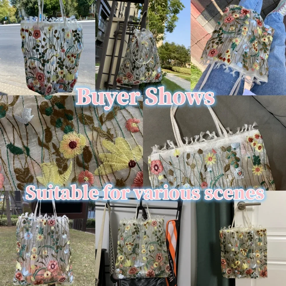 sac fourre-tout à la mode, nouveau style d'été en maille avec broderie complète de fleurs, sac à bandoulière transparent, sac à main romantique pour filles et femmes, sac de shopping écologique