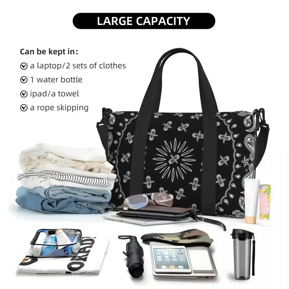sac de voyage de plage à motif paisley coloré noir, grande capacité, sacs fourre-tout pour la gym, le sport, les femmes, le shopping, sac à bandoulière