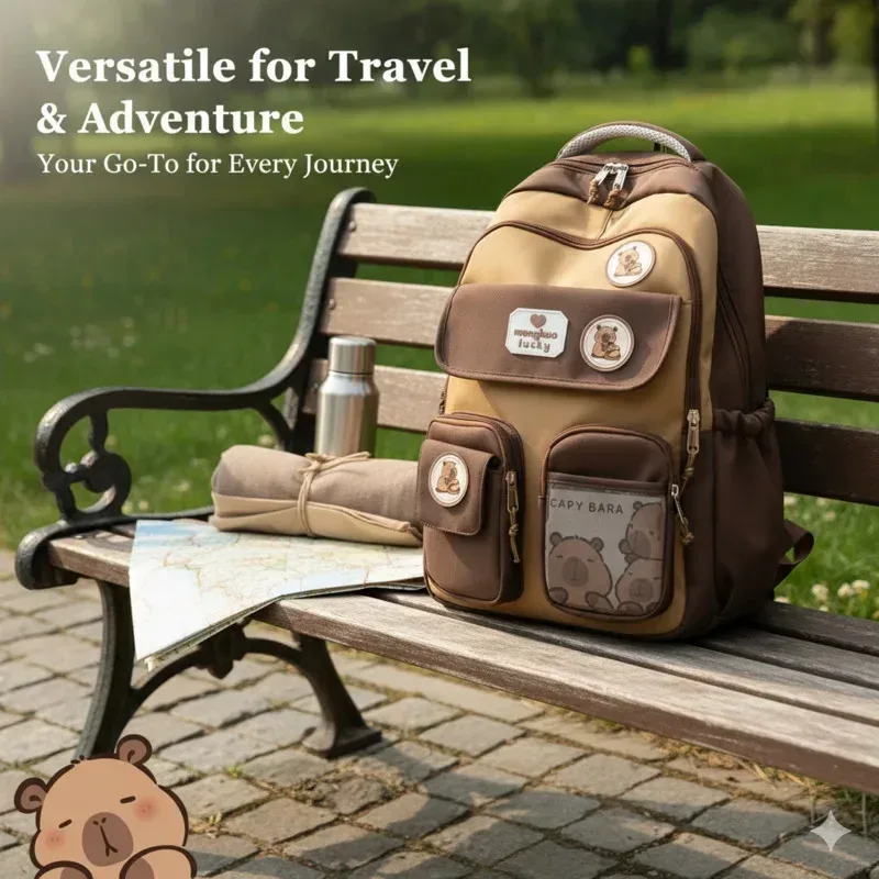 dessin animé capybara école sac à dos étudiant pochette d'ordinateur tissu imperméable sangle réglable sac de voyage décontracté avec plusieurs poches