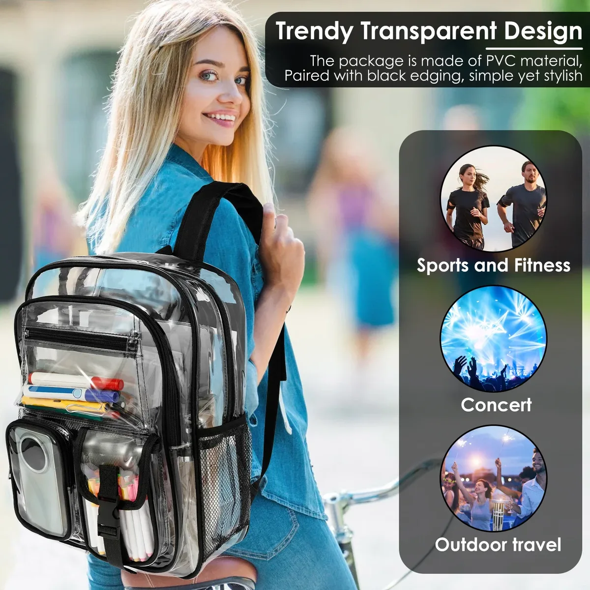 sac à dos transparent en pvc multi-poches, avec bretelles élargies, grande capacité, sac à dos de sport tendance pour étudiants