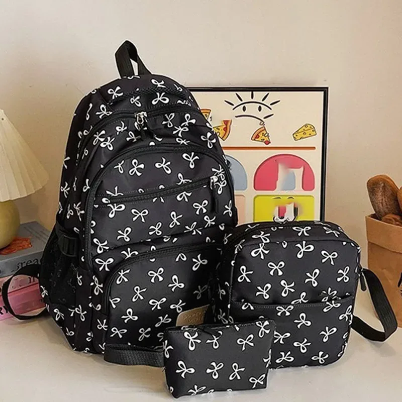 ensemble de 3 pièces de sac à dos mignon de grande capacité, mode coréenne, sac imprimé avec nœud, sacs en nylon, cartable d'étudiant, sac à dos de voyage à sangle réglable