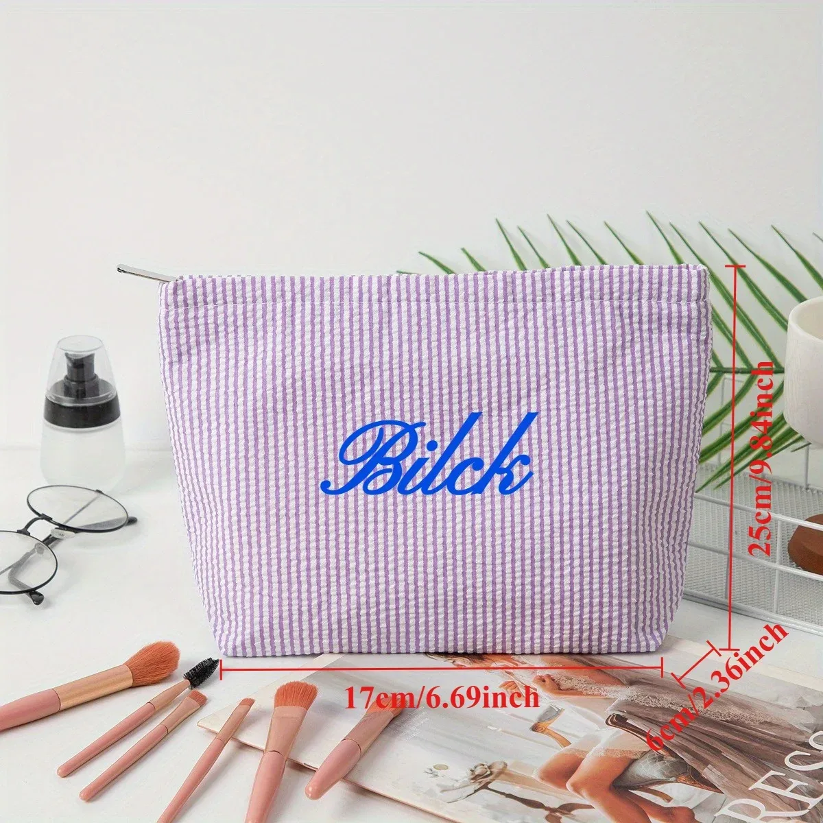 sac de maquillage à rayures avec nom brodé, sac de lavage de grande capacité, sac de rangement approprié pour la beauté et les petits articles quotidiens, cadeaux parfaits