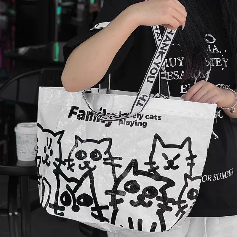 sac de courses en pp tissé, motif chats mignons, sac à bandoulière réutilisable, fourre-tout imperméable, sac à main portable pour courses et supermarché